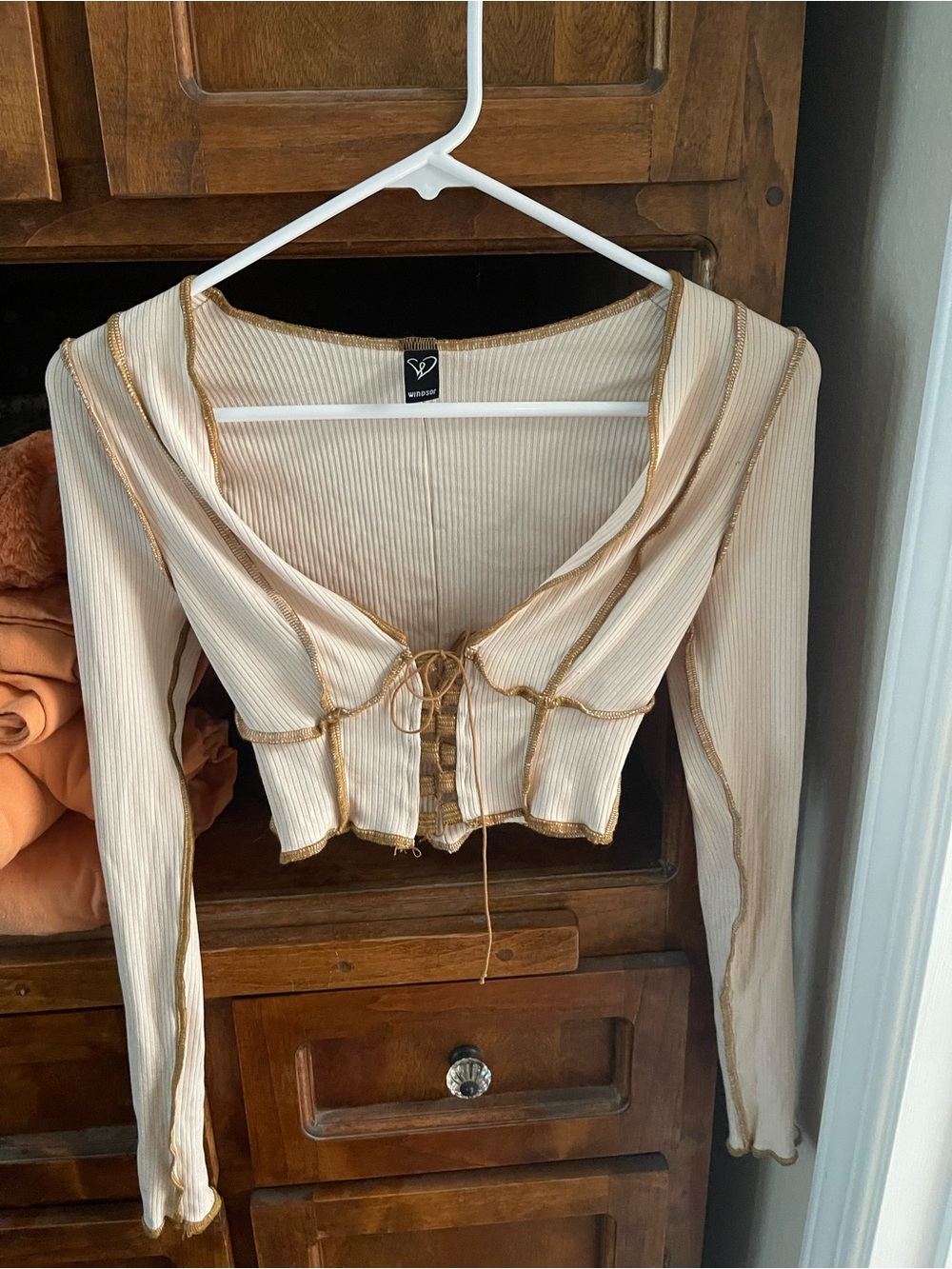 Cream Ribbed Lace-Up Long Sleeve Crop Top with Gold Trim